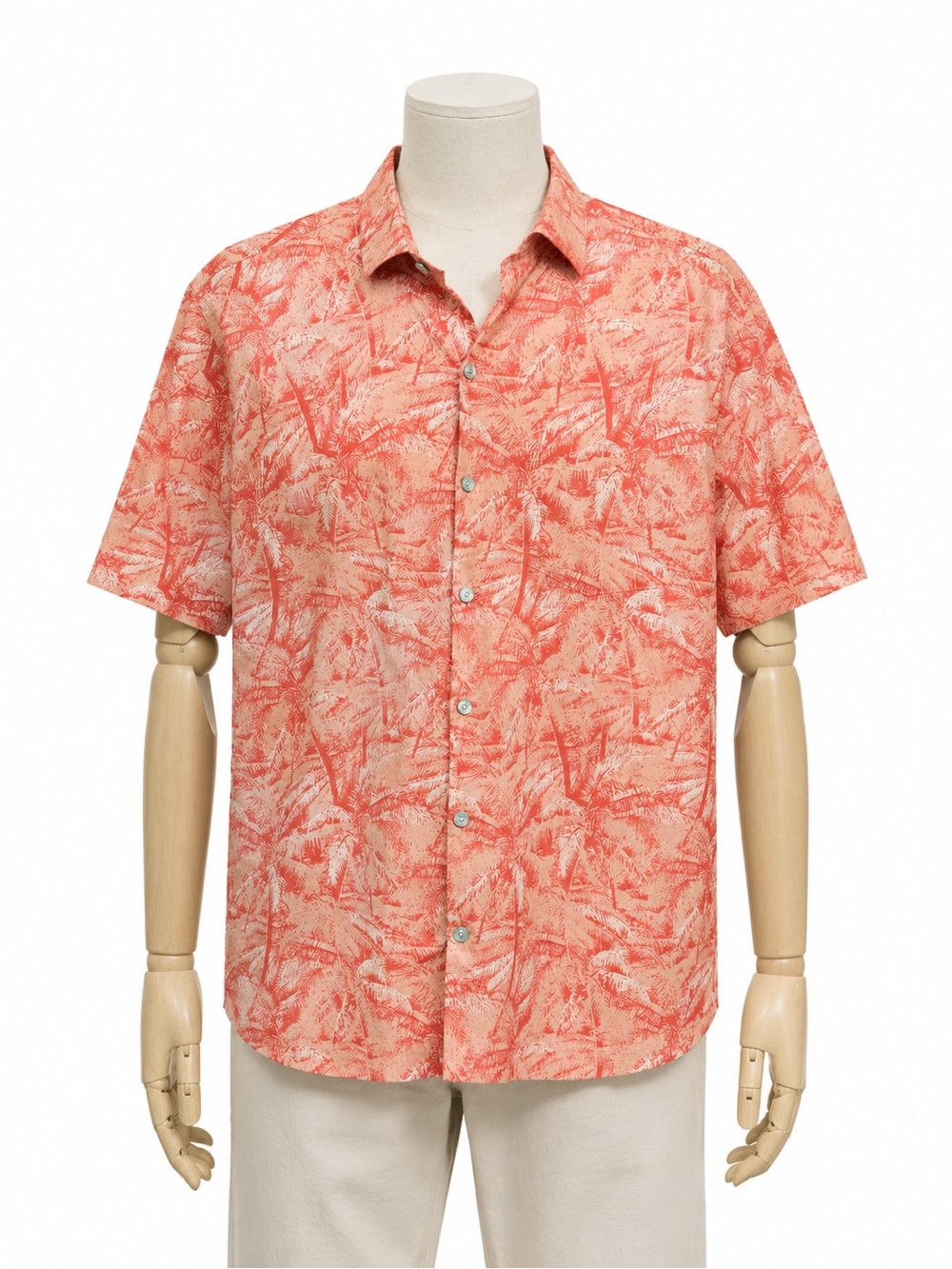 Tori Richard Hawaiian Shirt Men’s L Coral Palm Tree Cotton Lawn Made in Hawaii